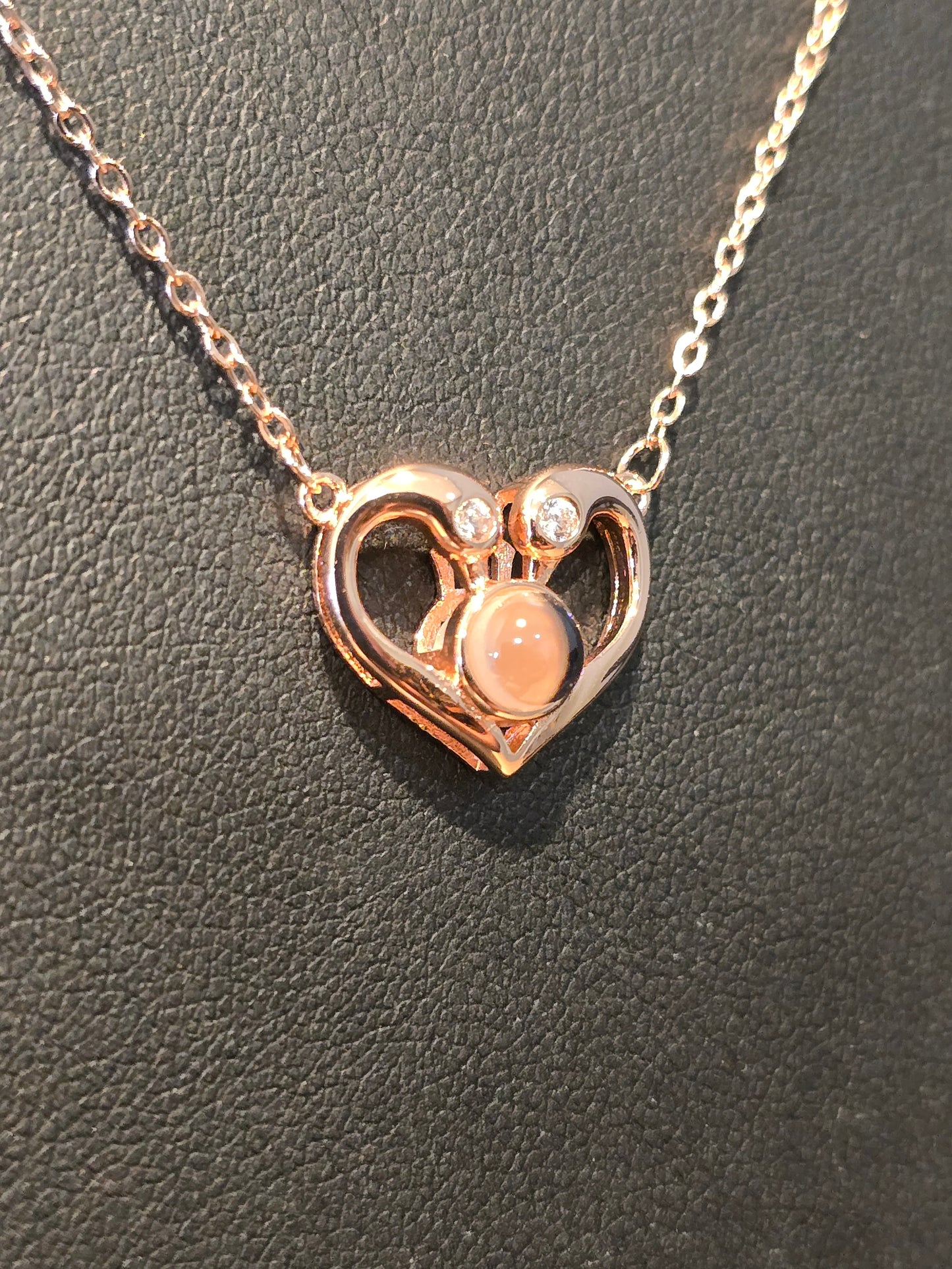 Κολιέ με καρδιά - κύκνους σε ροζ χρυσό & πετράδια